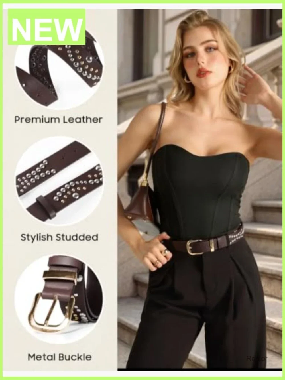 Studded Faux Leather Belt with Gold Buckle - Vintage Western